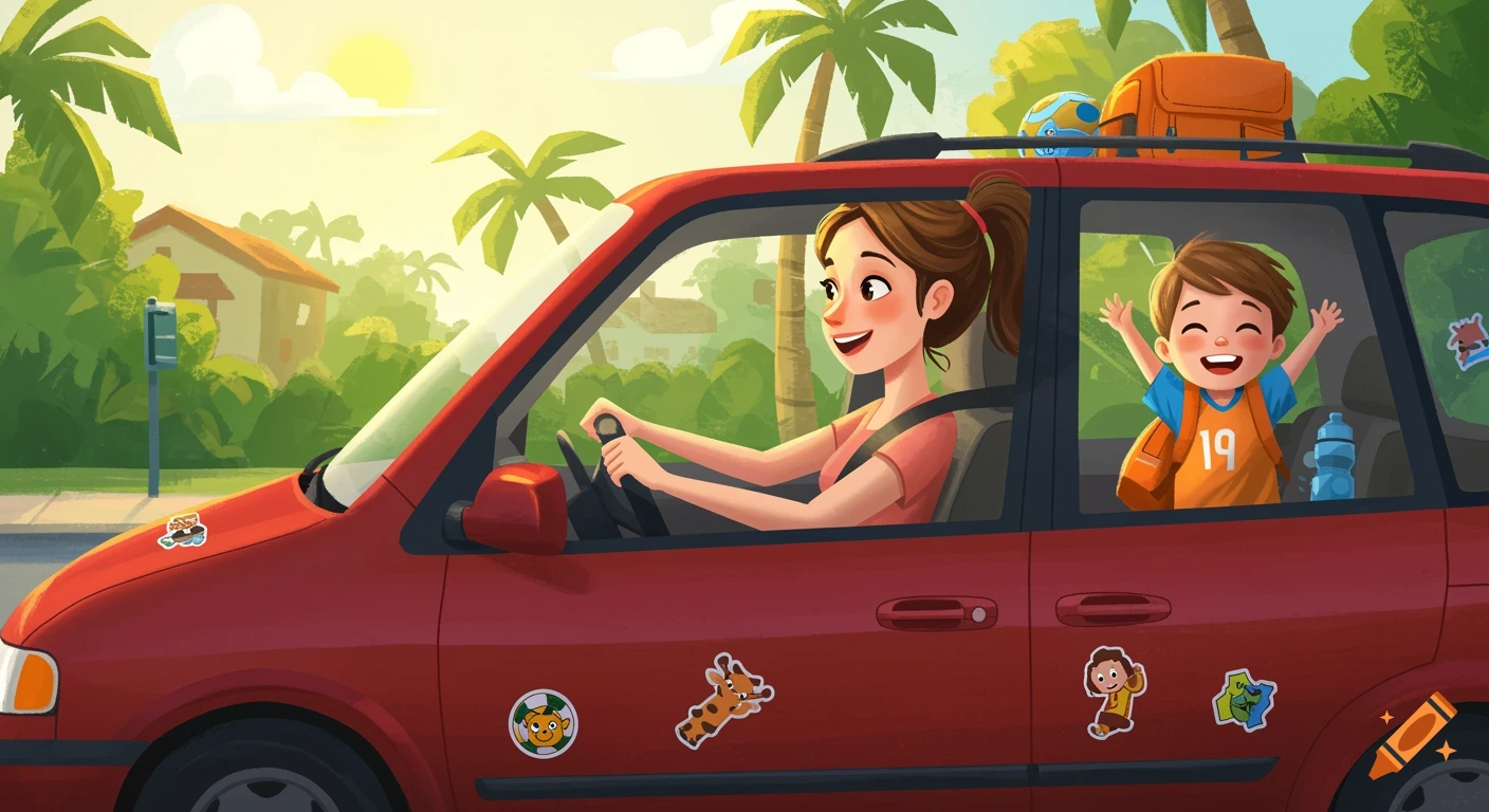 Cartoon illustration of a mother driving a red car with her happy son waving in the back seat.