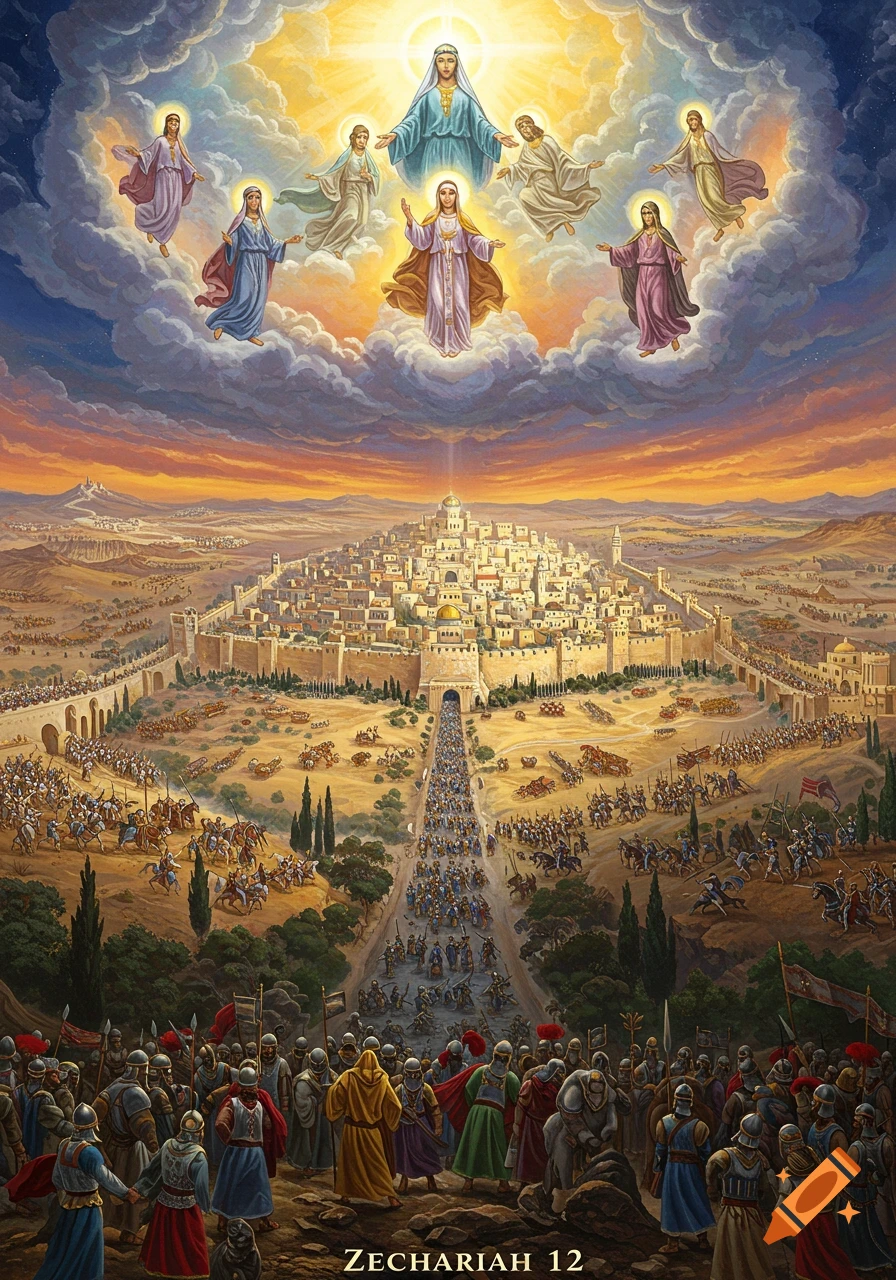 Painting of religious figures in clouds above a city with a battle below