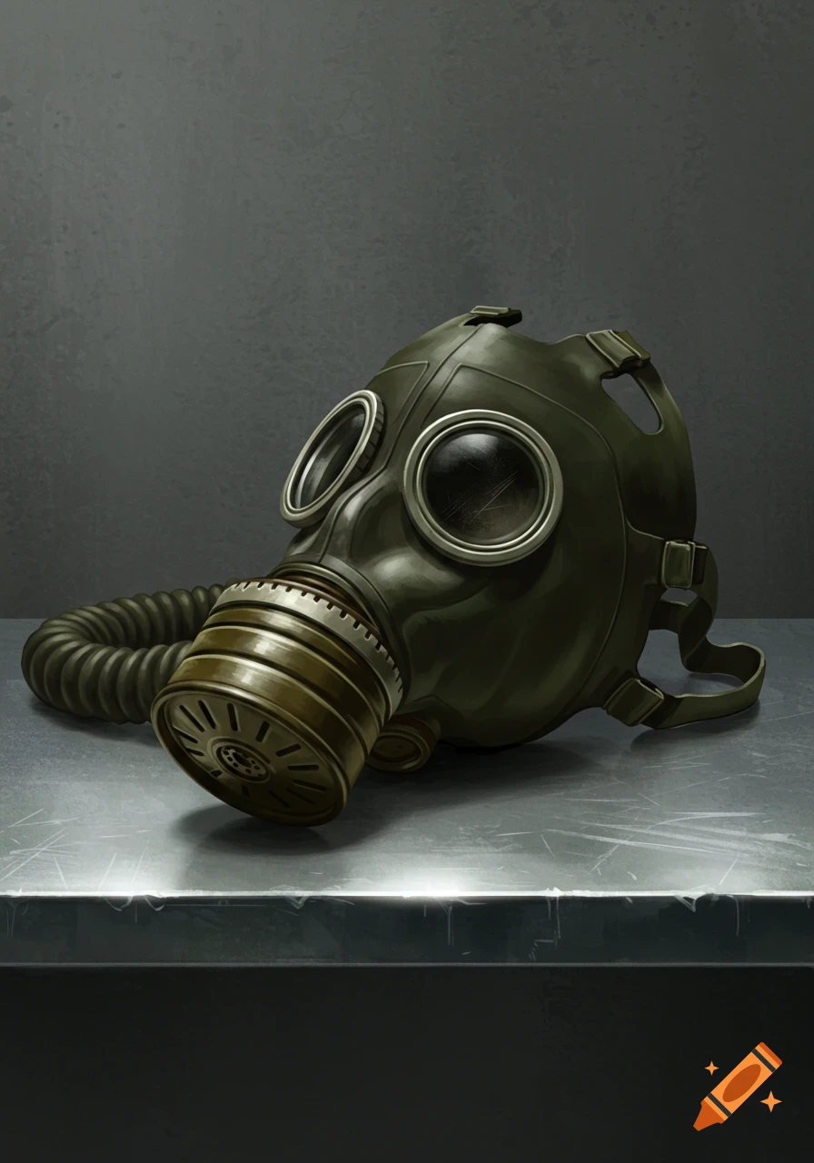 An olive green GP5 gas mask rests on a scratched metal table.