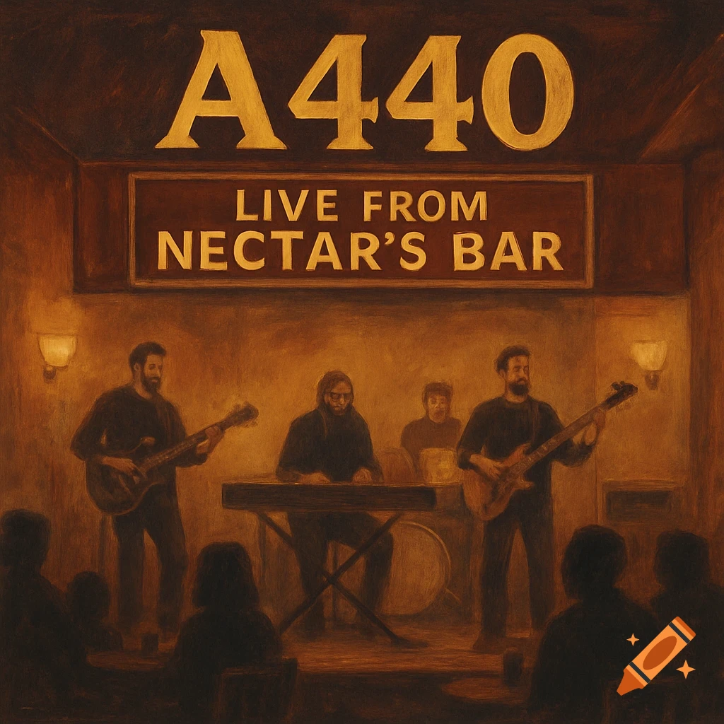 Painterly image of a band playing on stage in a dim bar below a sign reading 'A440 LIVE FROM NECTAR'S BAR', with audience members.