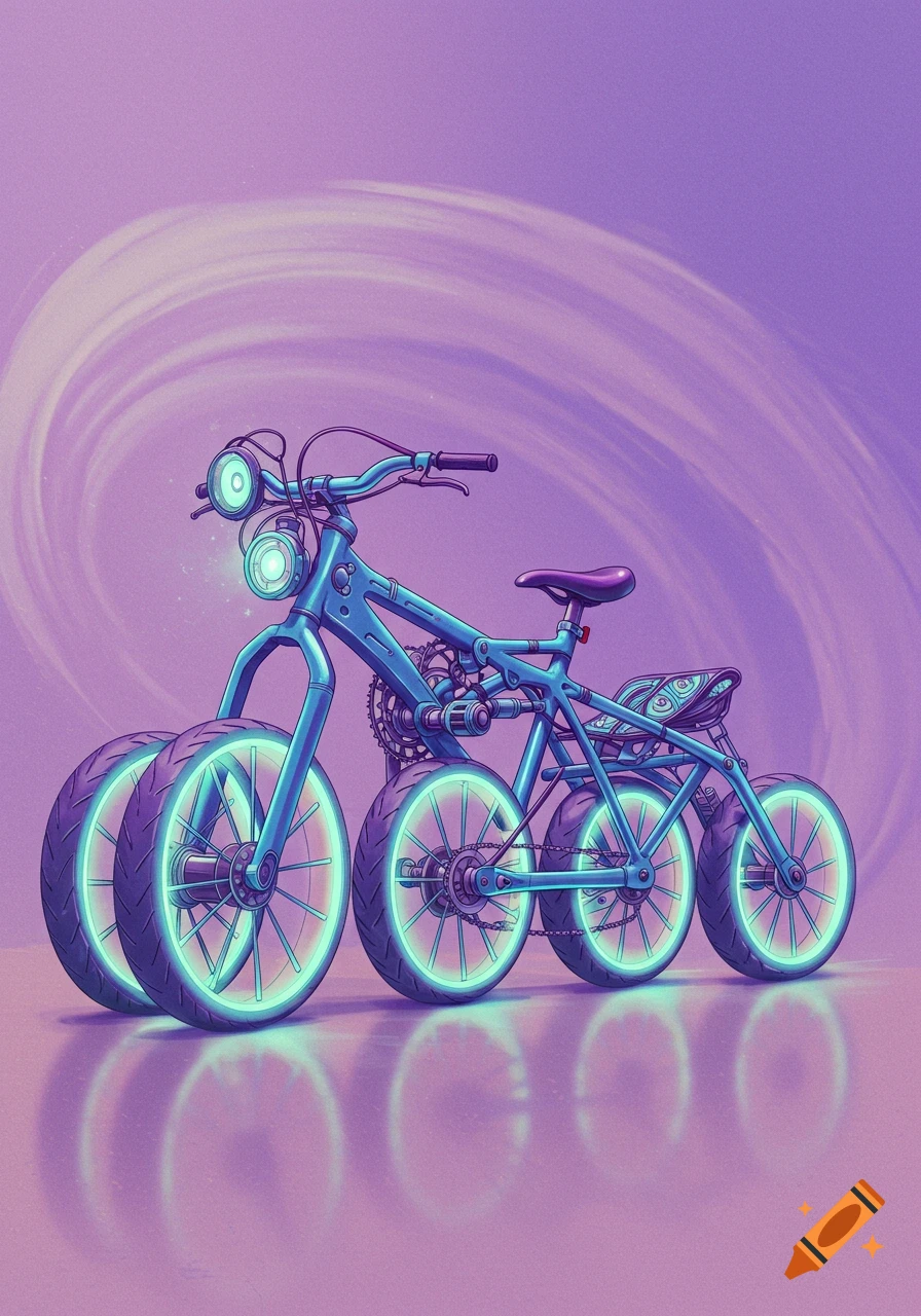 A stylized blue futuristic bike with seven glowing wheels on a purple background.
