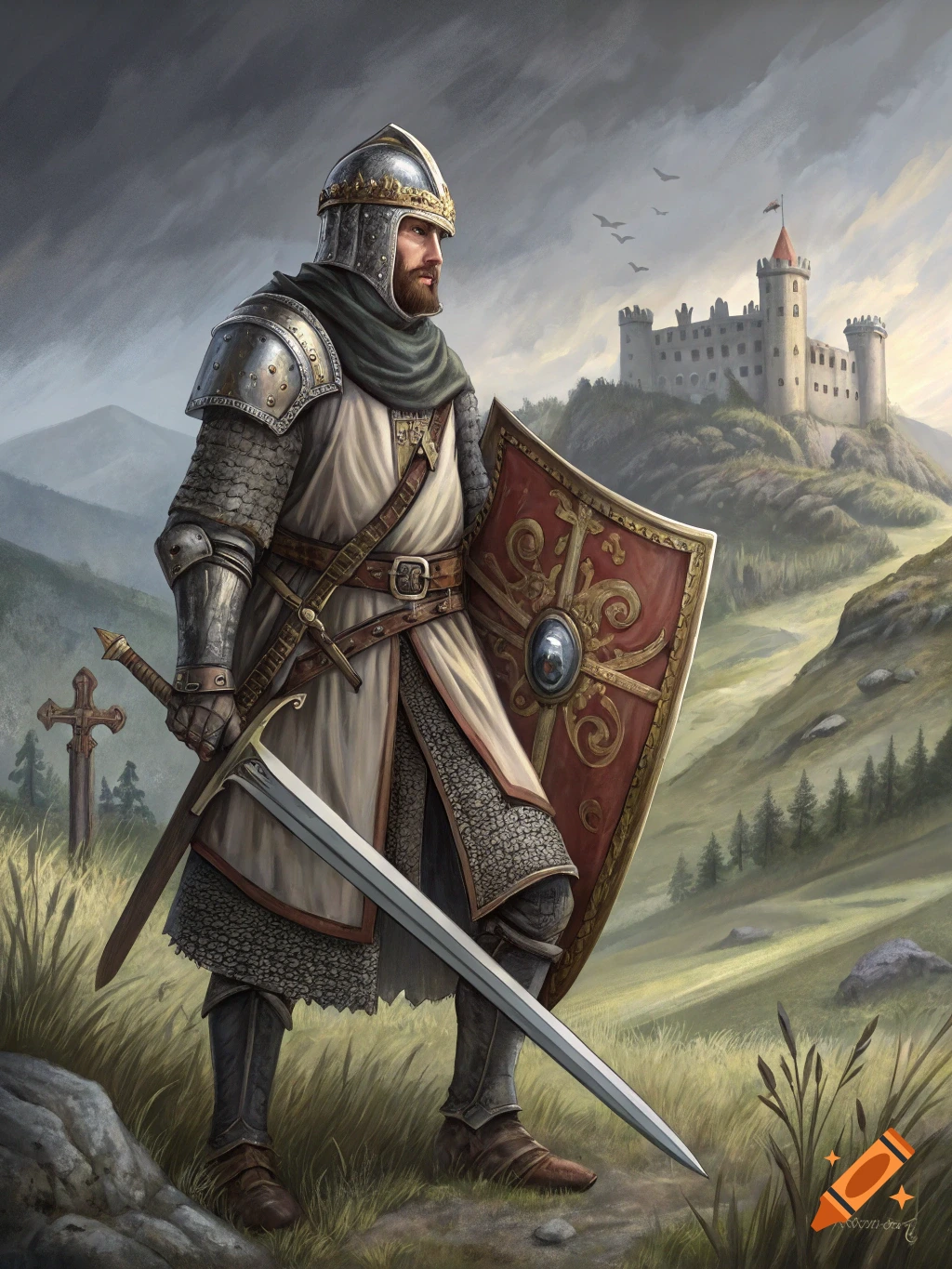 A medieval knight stands with a sword and shield before a castle on a hill.