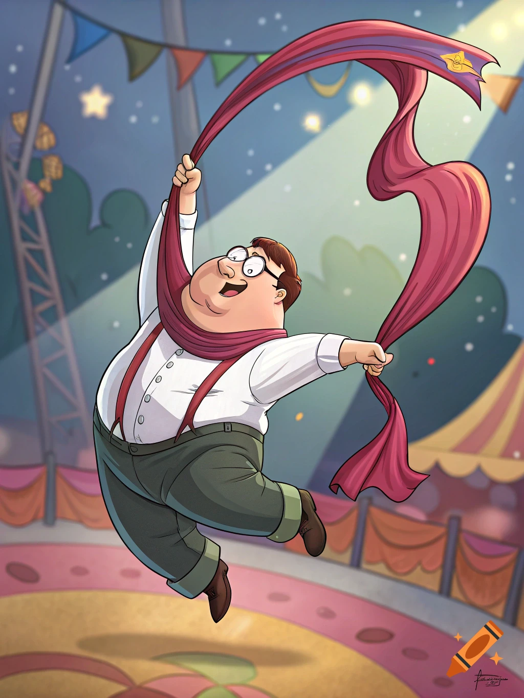 Cartoon Peter Griffin performing an aerial acrobatic pose with a red scarf in a circus.