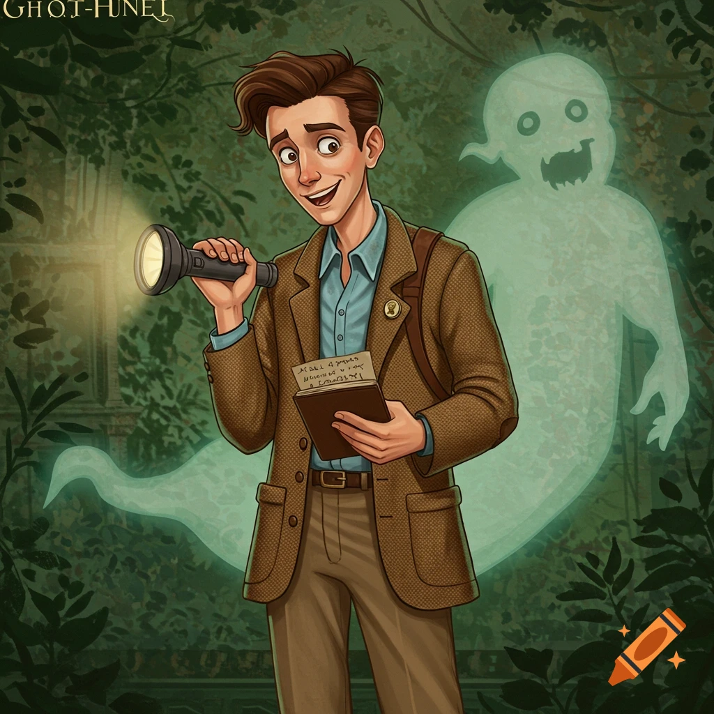 Cartoon illustration of a ghost hunter holding a flashlight and notebook with a ghost behind him.