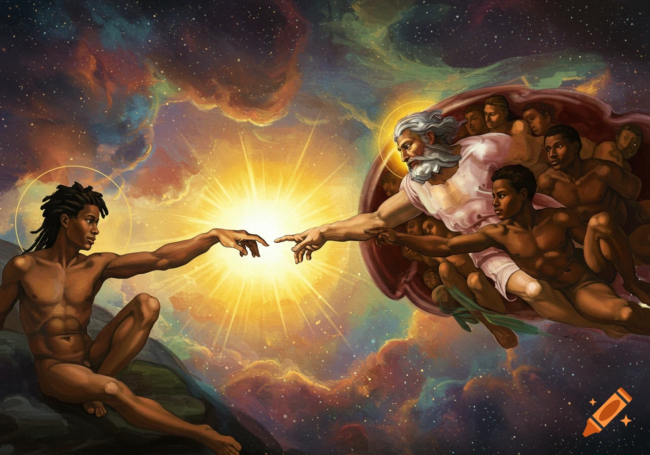 Modern reinterpretation of The Creation of Adam with two figures reaching towards each other in a cosmic scene.