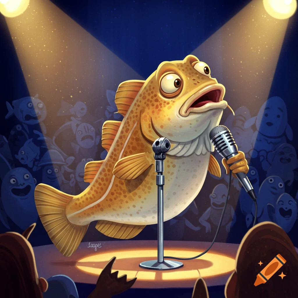 A cartoon cod fish performs stand-up comedy on a stage under spotlights, holding a microphone, with an audience of other fish.