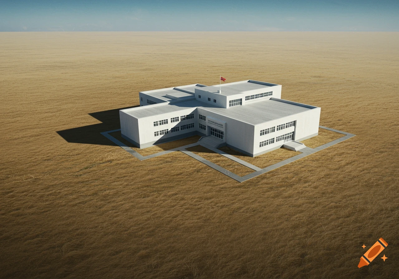A modern, stark white school building stands isolated in a vast, dry grassy field under a clear sky.