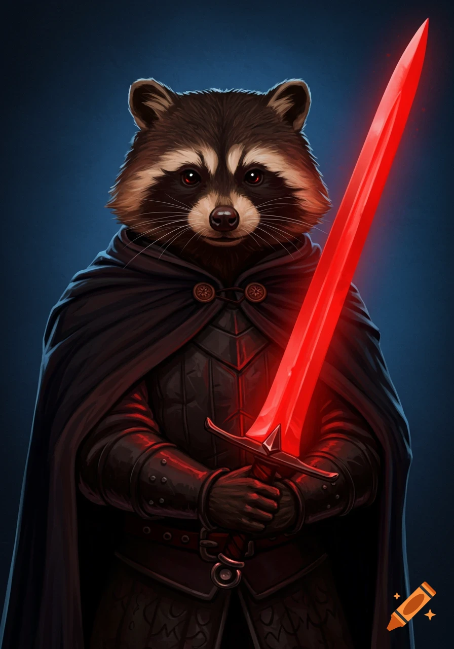 A raccoon character wearing a dark cloak and armor holds a glowing red sword.