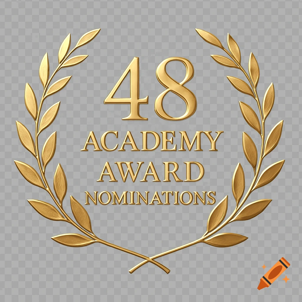 Golden laurel wreath encircling '48 Academy Award Nominations' text on a transparent background.