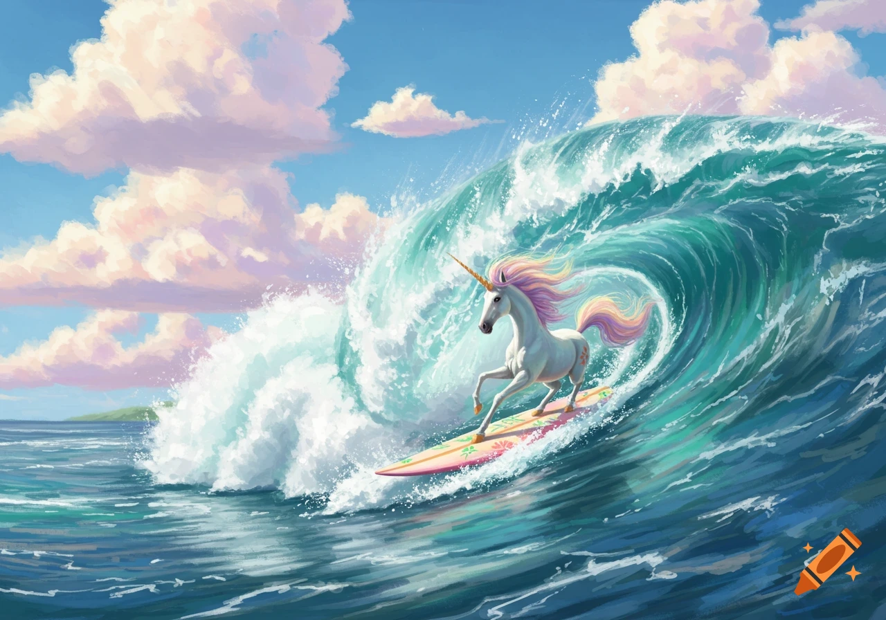 A magical unicorn with a rainbow mane surfs a large blue wave under a pastel sky.