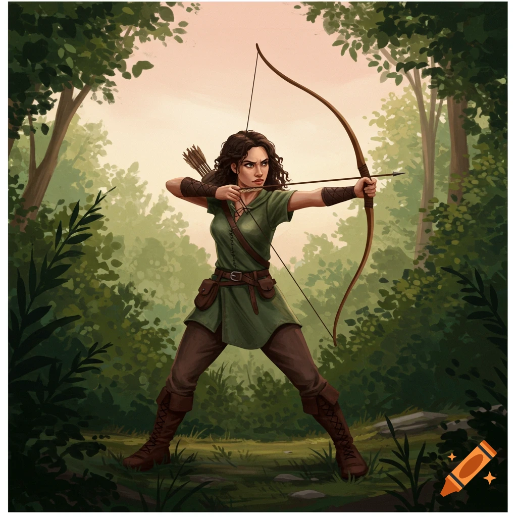 A woman in fantasy clothing aims a bow and arrow in a forest.