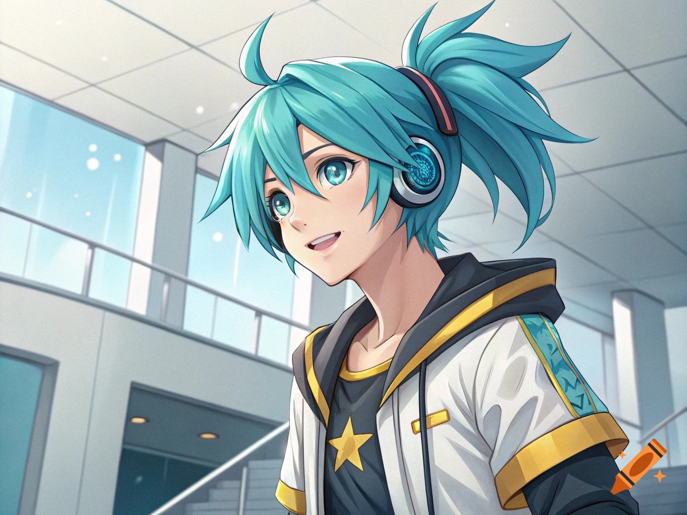 Anime character with teal hair and headphones smiling in a building lobby, wearing a jacket with a star shirt.