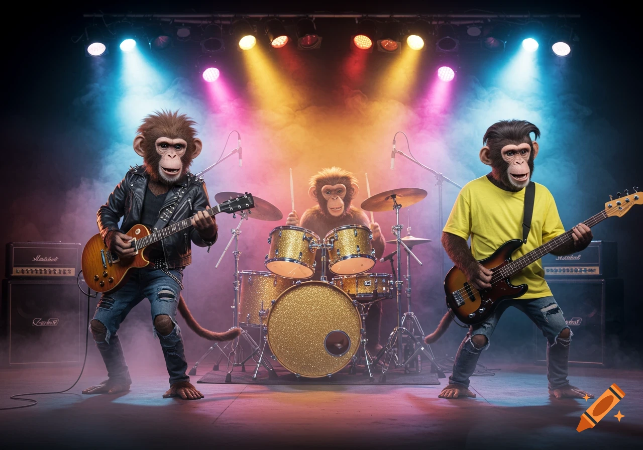 Monkeys playing rock music on a stage with bright lights and smoke.