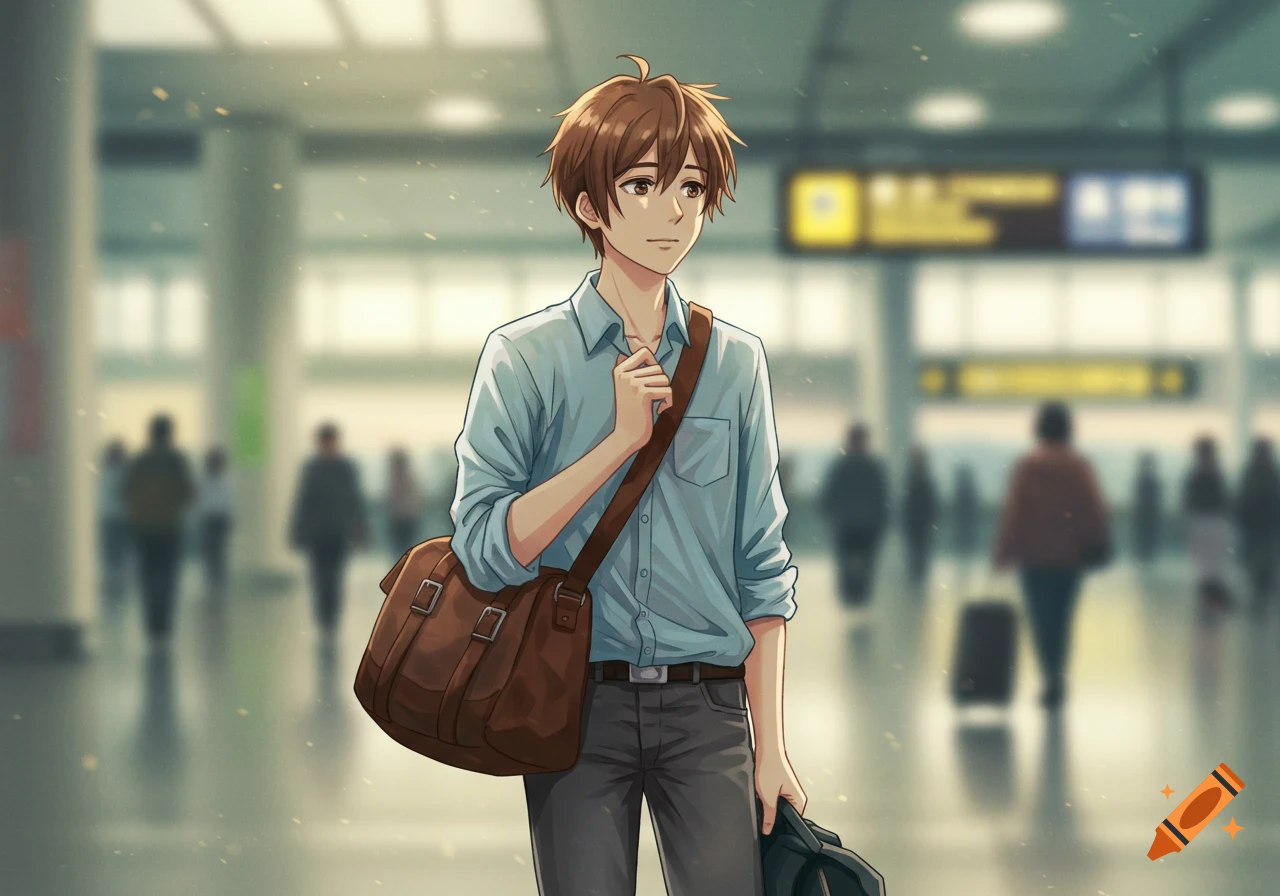Young man with a bag standing in a blurry airport in soft anime style.