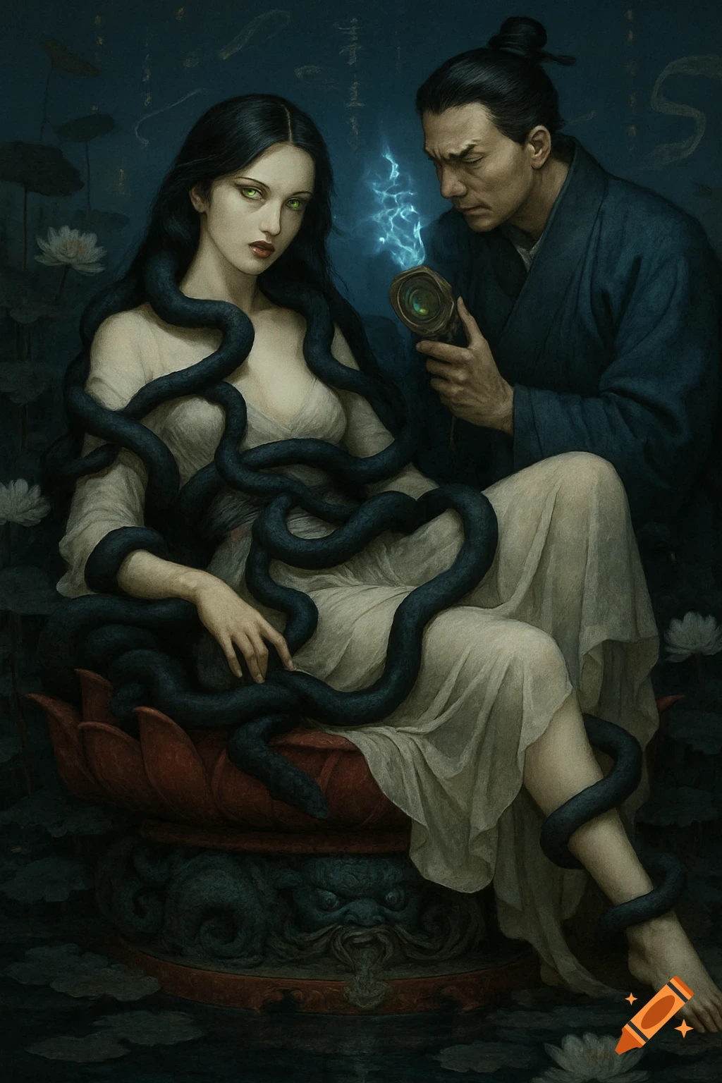 A woman entwined with snakes sits on a lotus throne beside a man holding a glowing device, in a dark fantasy art style.