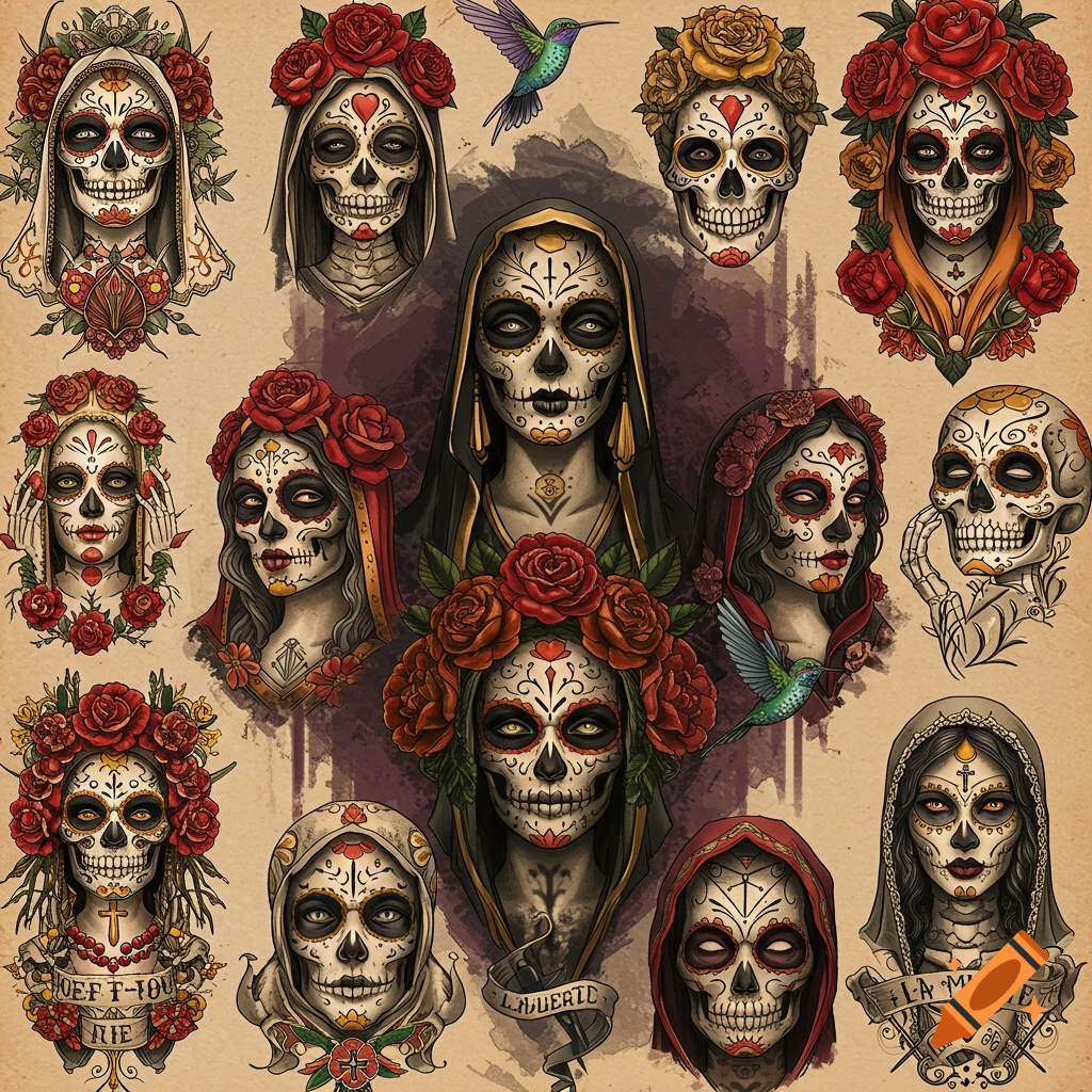 Collection of stylized sugar skull tattoo designs featuring faces, figures, roses, and hummingbirds.