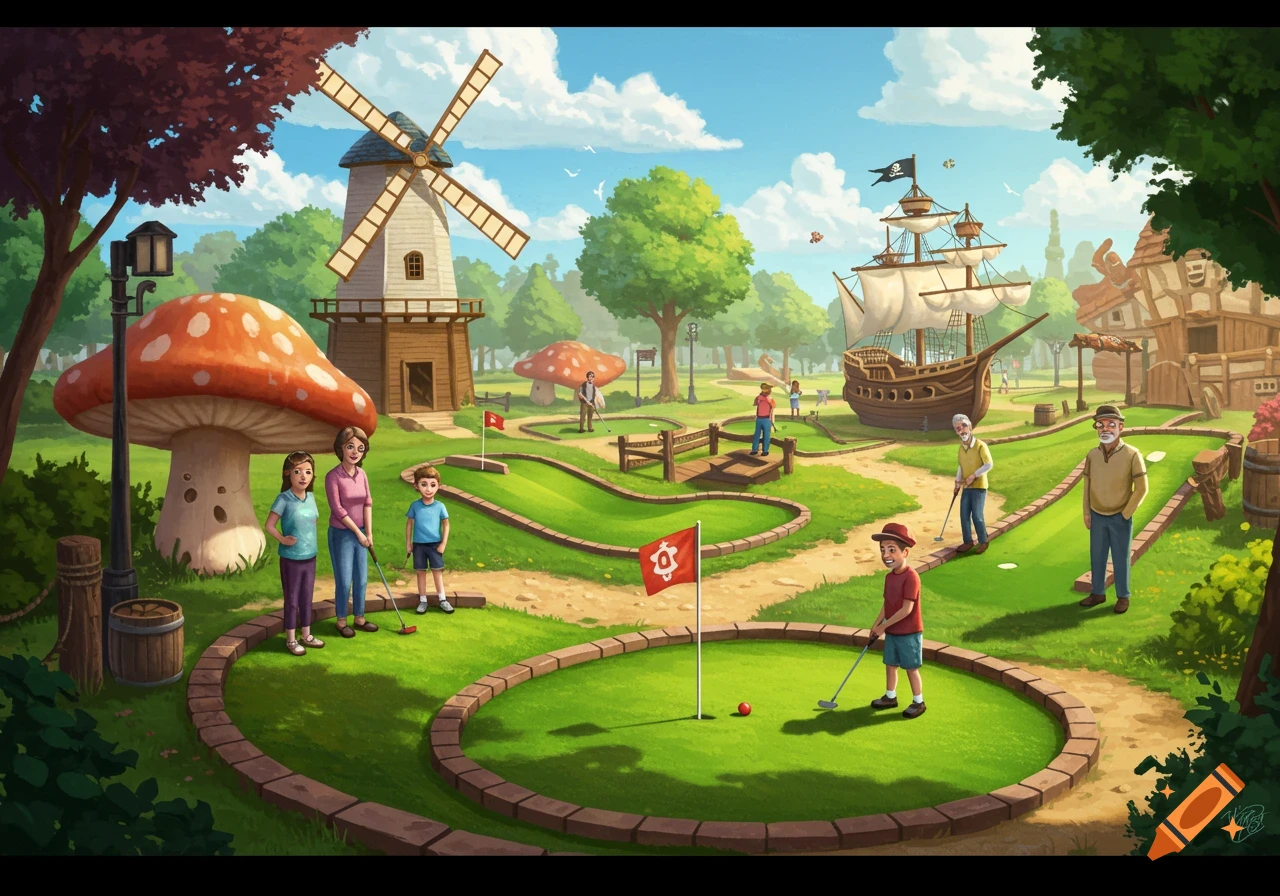 A stylized illustration of a fantasy mini-golf course with a windmill, pirate ship, giant mushrooms, and people playing.