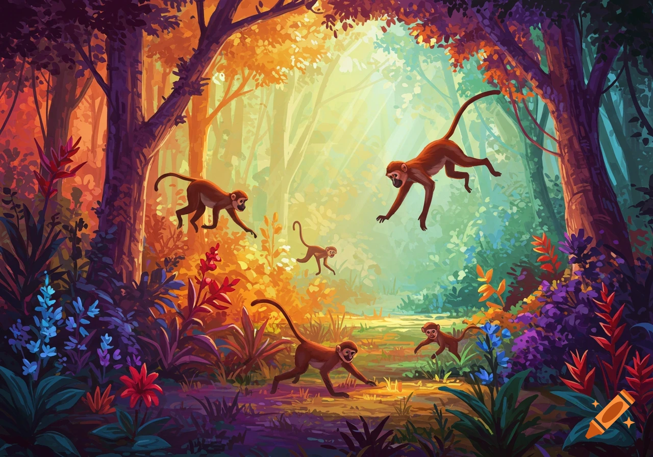 Several monkeys run and jump through a brightly lit, colorful, stylized forest illustration.
