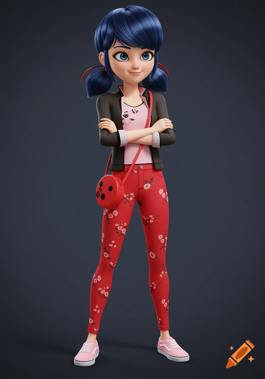 A 3D render of a young woman with dark blue hair in pigtails, wearing red floral pants and a black jacket, standing with arms crossed.