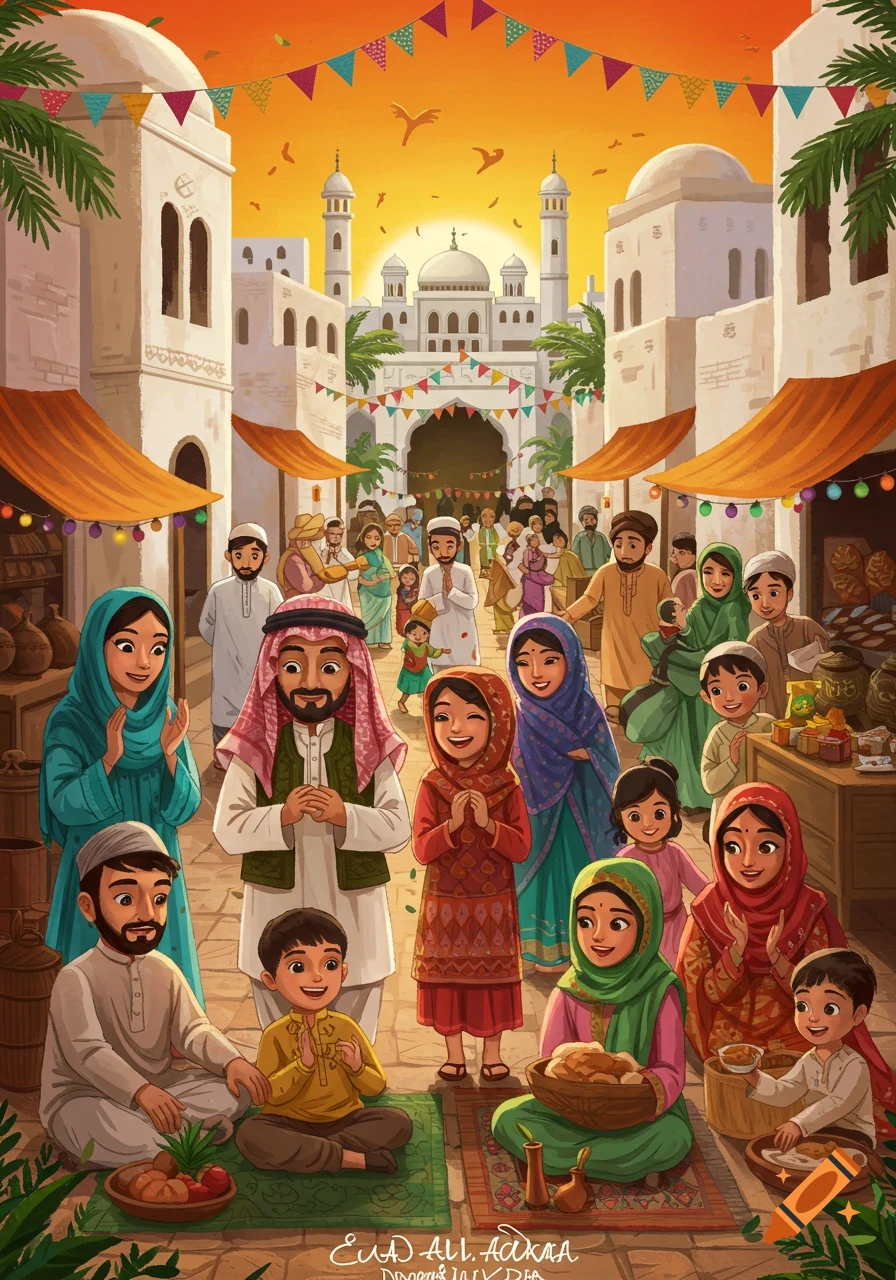Illustration of a diverse community celebrating Aid al Adha in a lively market street with a mosque in the background.