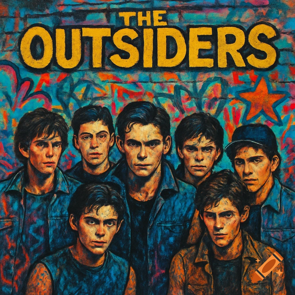 A group of young men stand below large text reading 'THE OUTSIDERS' in a colorful graffiti-style painting.