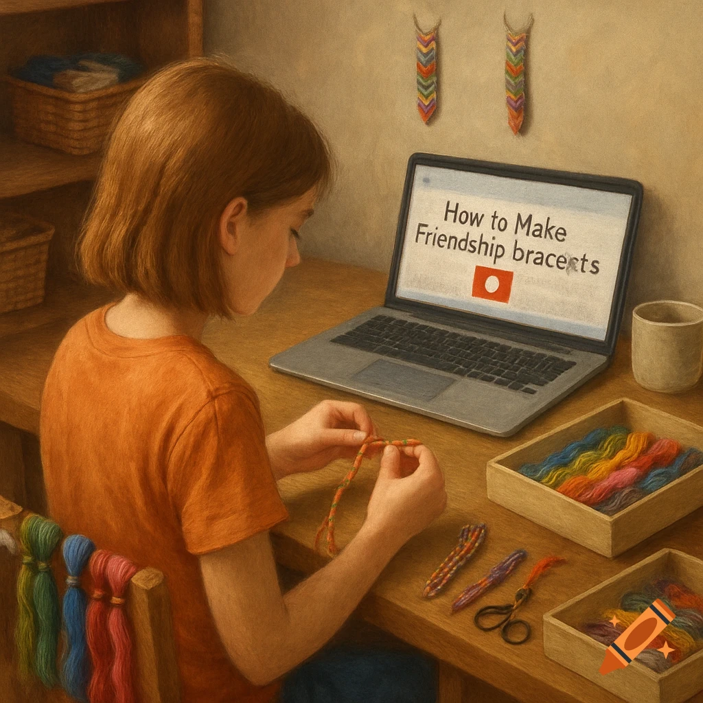 A young girl sits at a desk making a friendship bracelet while watching a tutorial on a laptop.