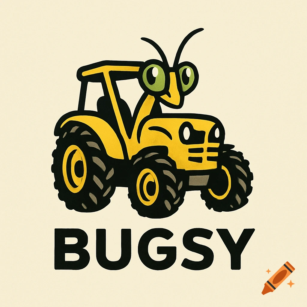 Cartoon logo of a yellow tractor with a praying mantis face and large eyes, with the word BUGSY below.