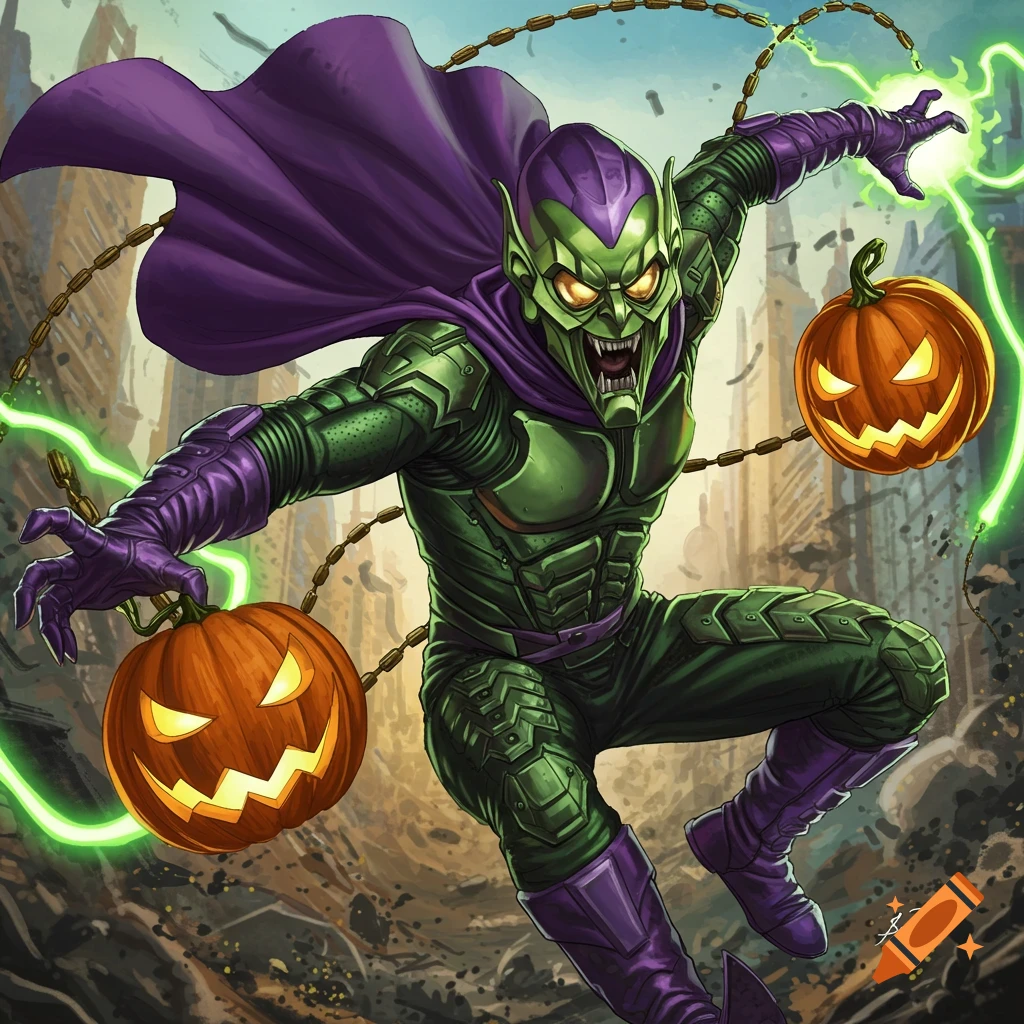 Green Goblin flies with jack-o'-lantern bombs in a city