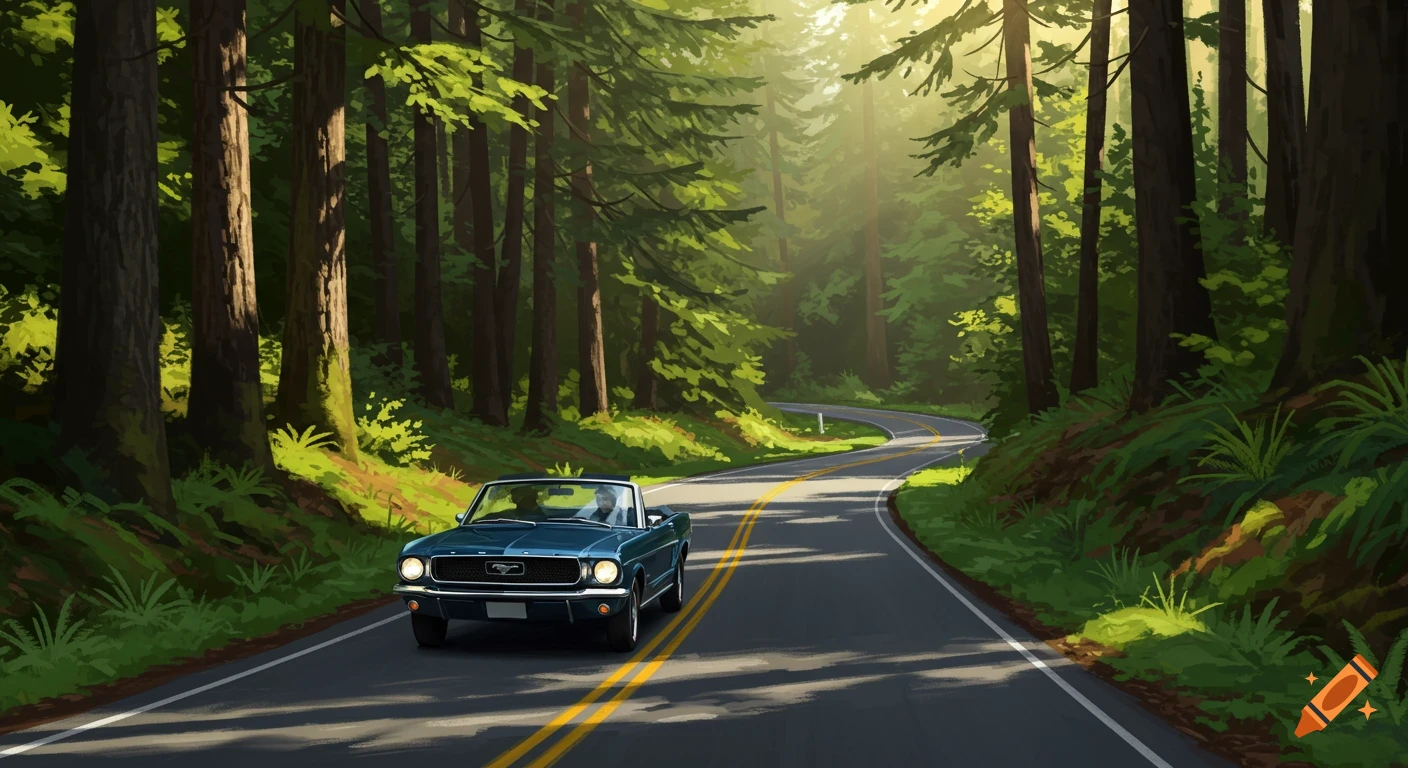 A classic blue convertible drives down a winding road through a sun-dappled forest.