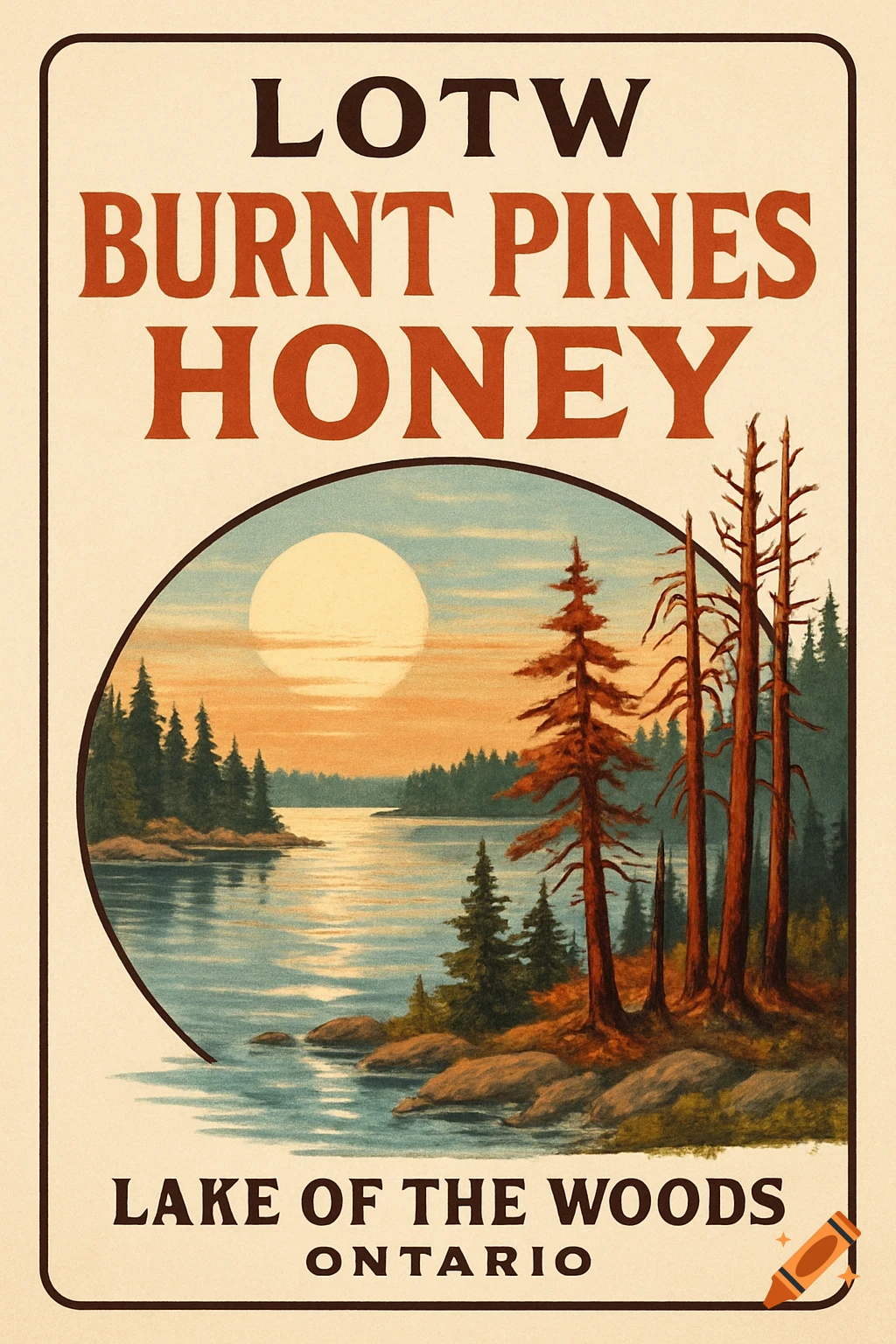Vintage style label for LOTW Burnt Pines Honey with a lake and forest scene.