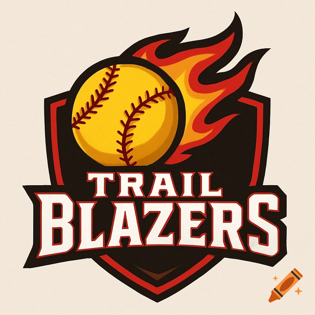 Softball team logo with a softball on fire and the text TRAIL BLAZERS on a shield