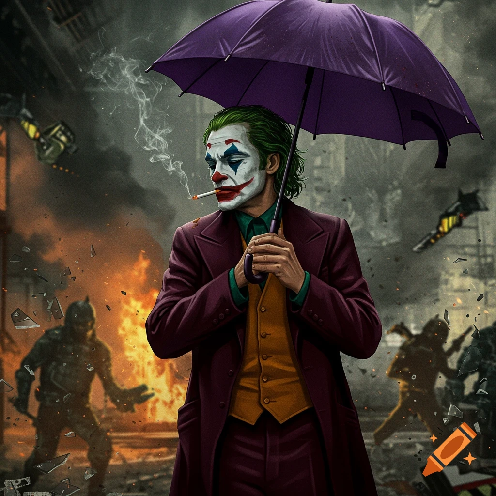 The Joker smokes a cigarette and holds a purple umbrella amidst a chaotic raid with fire and debris.