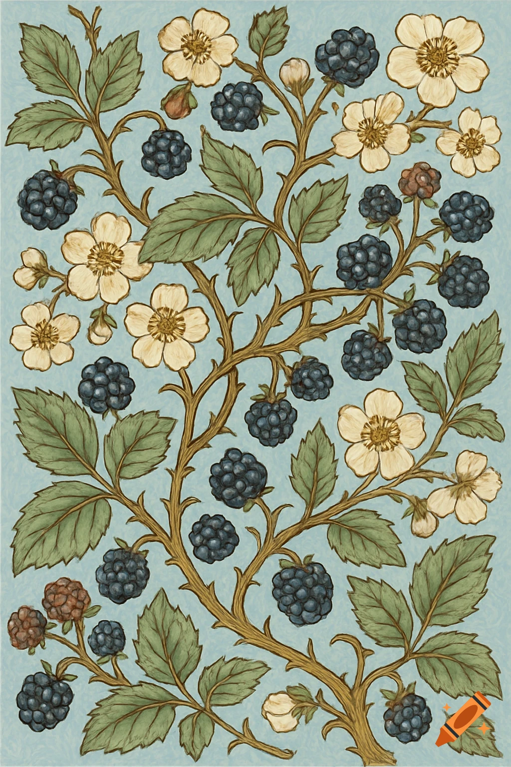 Botanical pattern of blackberry vines with flowers and fruit in William Morris style.