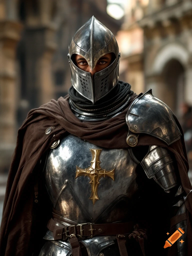 Close-up of a knight in shining armor and brown cape