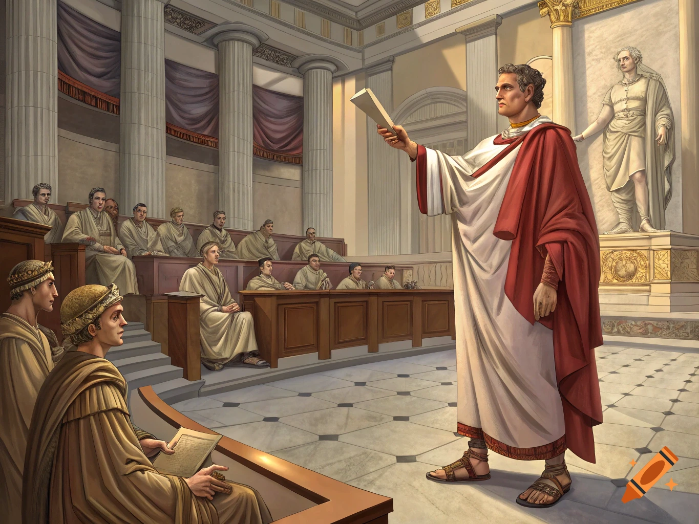 Julius Caesar speaks before the Roman government in an ancient building illustration.