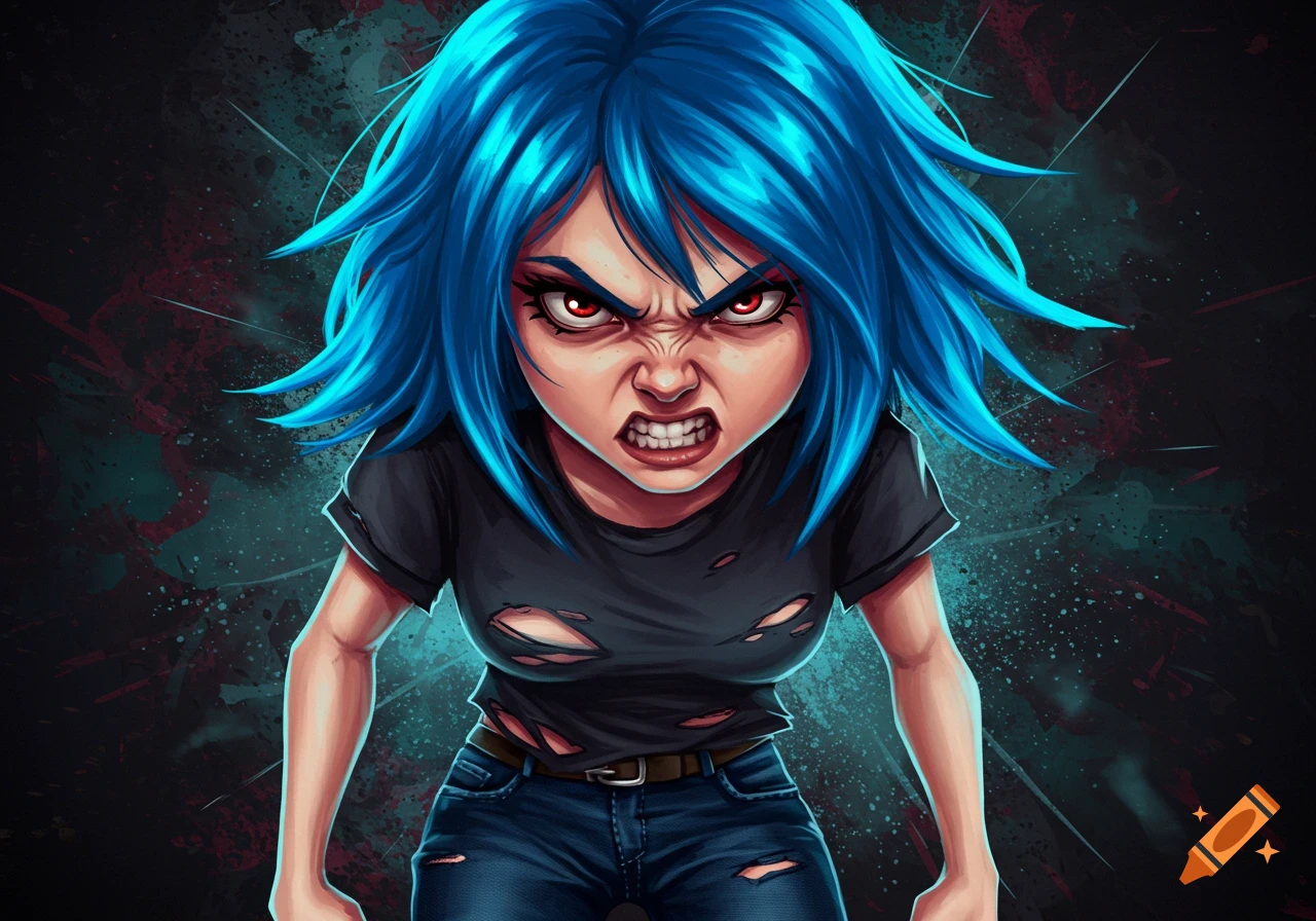 Illustrated portrait of an angry girl with blue hair, red eyes, and a ripped black shirt.