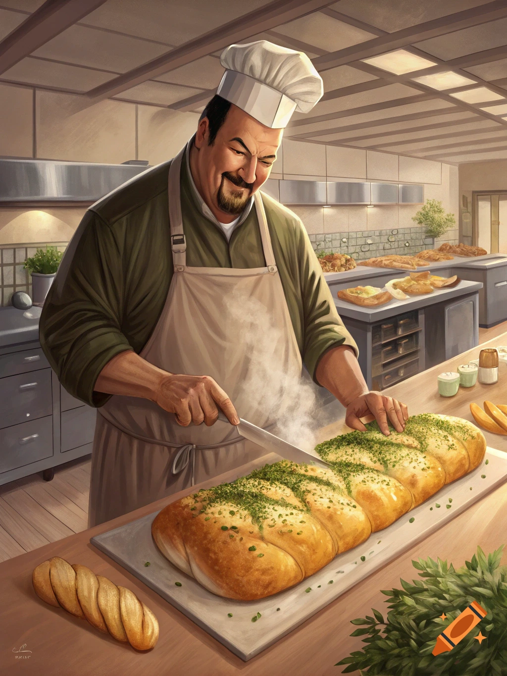 Digital painting of a smiling chef in a kitchen cutting a large loaf of bread.