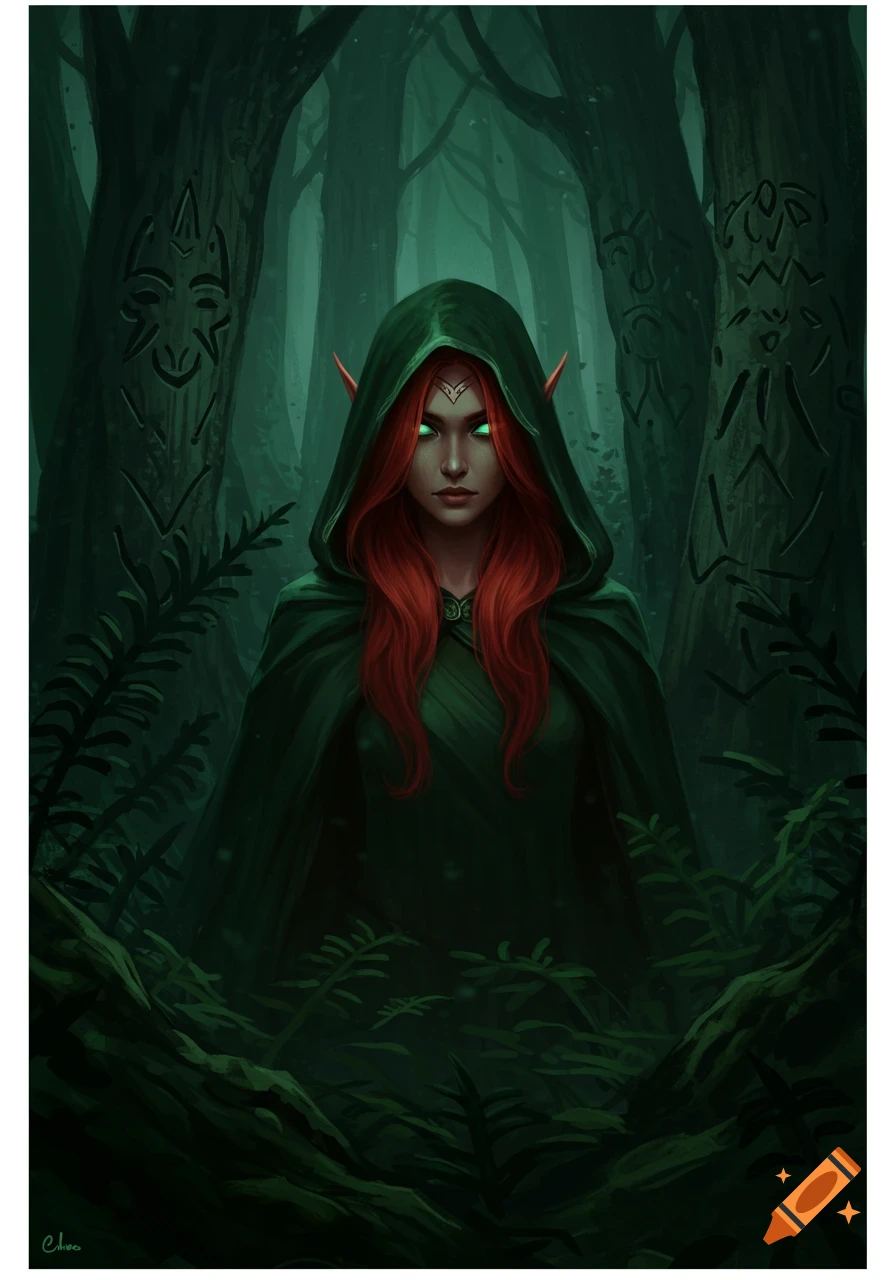 Fantasy portrait of a hooded elf with red hair and glowing green eyes ...