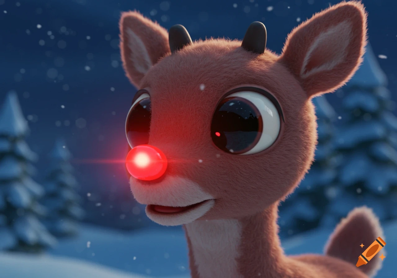 Close-up of a cute, furry reindeer with big eyes and a bright red nose in a snowy winter scene, rendered in a 3D animation style.