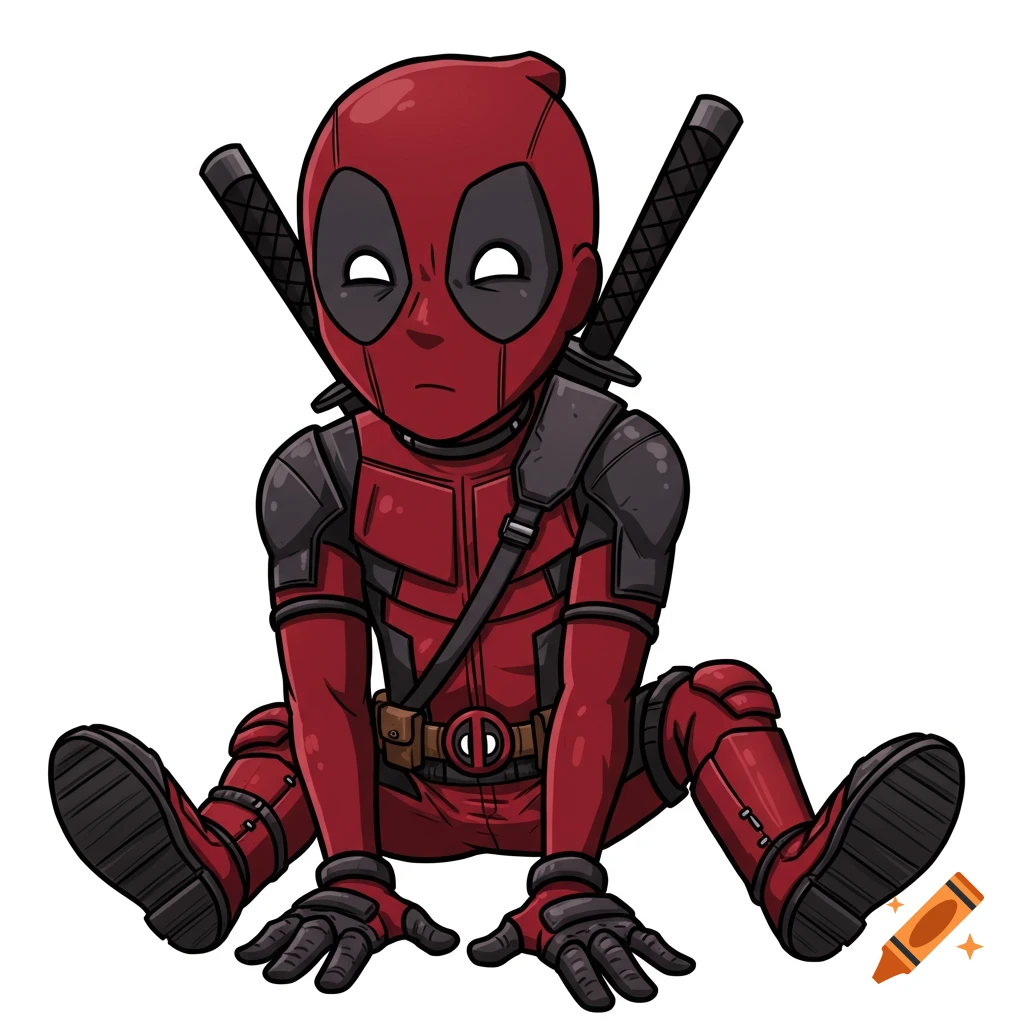 Cartoon chibi Deadpool character sitting