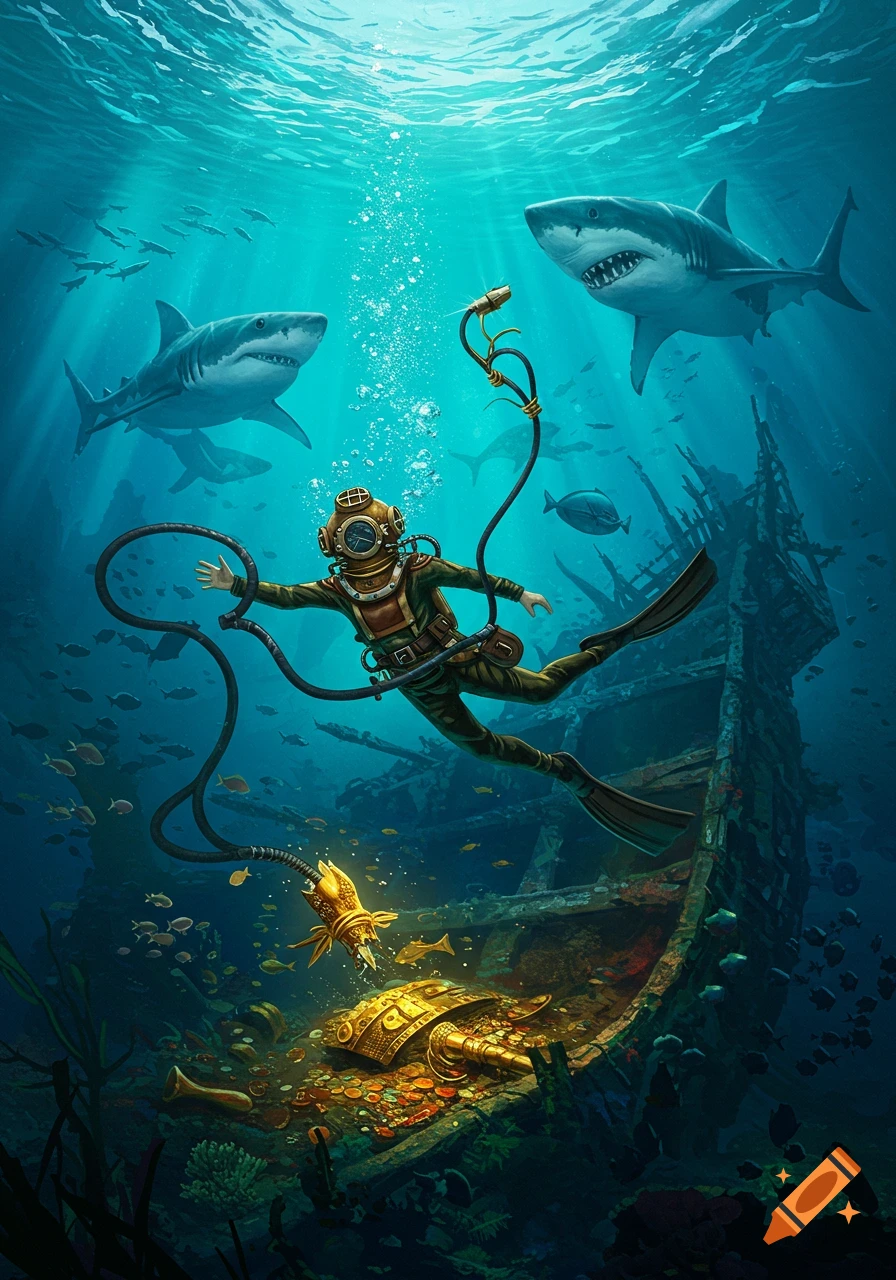 A diver in a vintage suit explores a shipwreck among sharks and treasure.