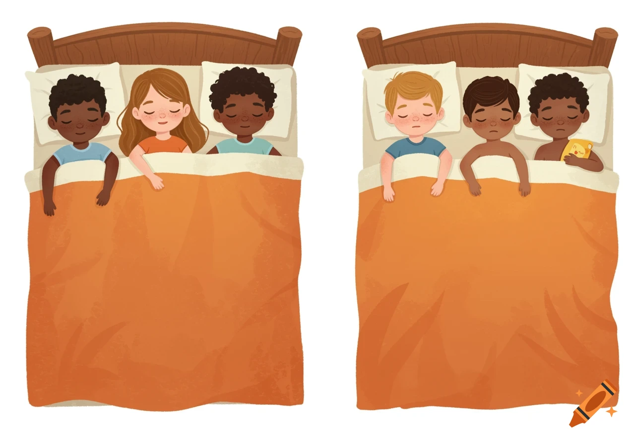 A cartoon illustration shows five diverse children sleeping in two beds under orange blankets.