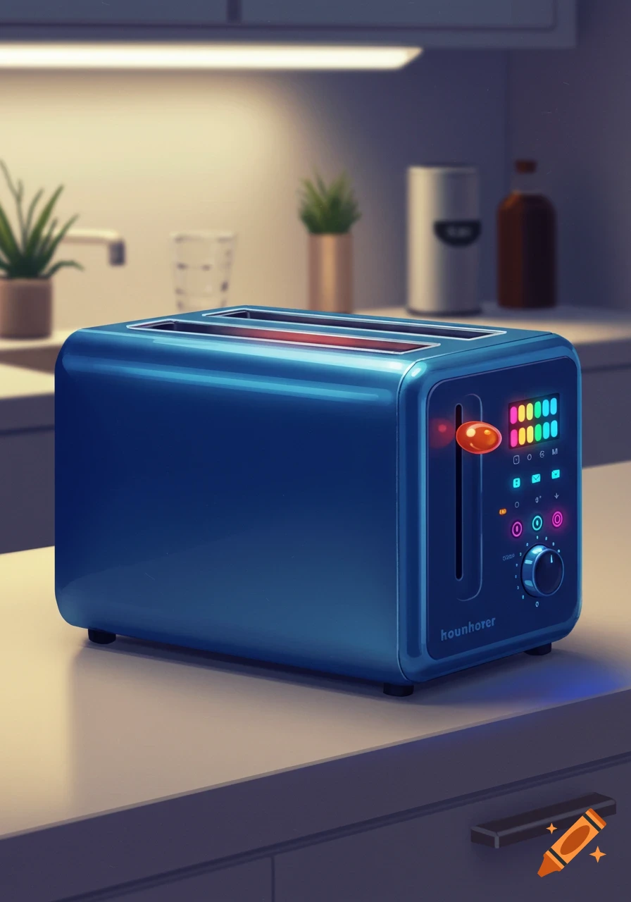 A futuristic blue toaster with colorful lights and a digital display sits on a kitchen counter.