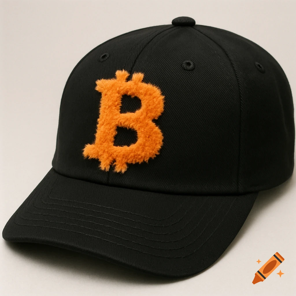 A black baseball cap with a furry orange Bitcoin 'B' symbol on the front, photographed against a light background.