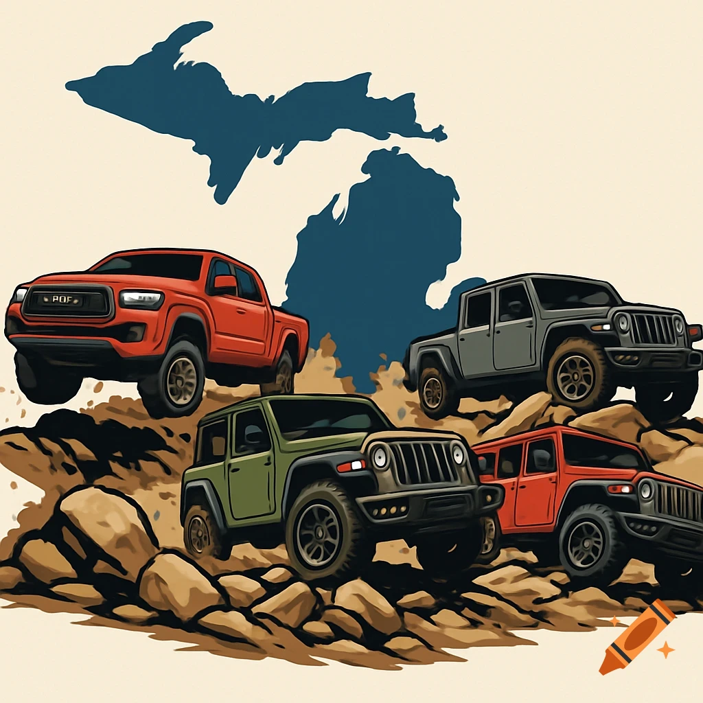 Illustration of four off-road vehicles on rocky terrain with a Michigan silhouette.