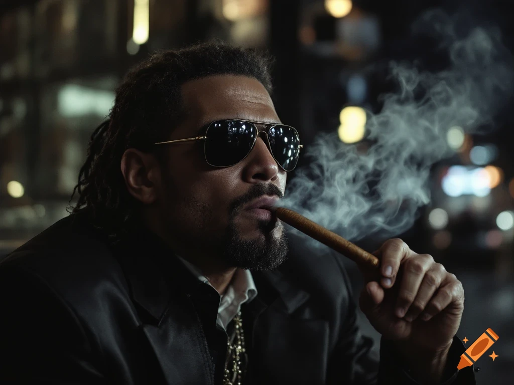 A man in sunglasses smokes a cigar in a dimly lit setting.