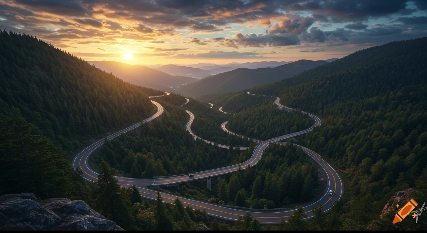 Winding mountain road through a forest valley at sunset