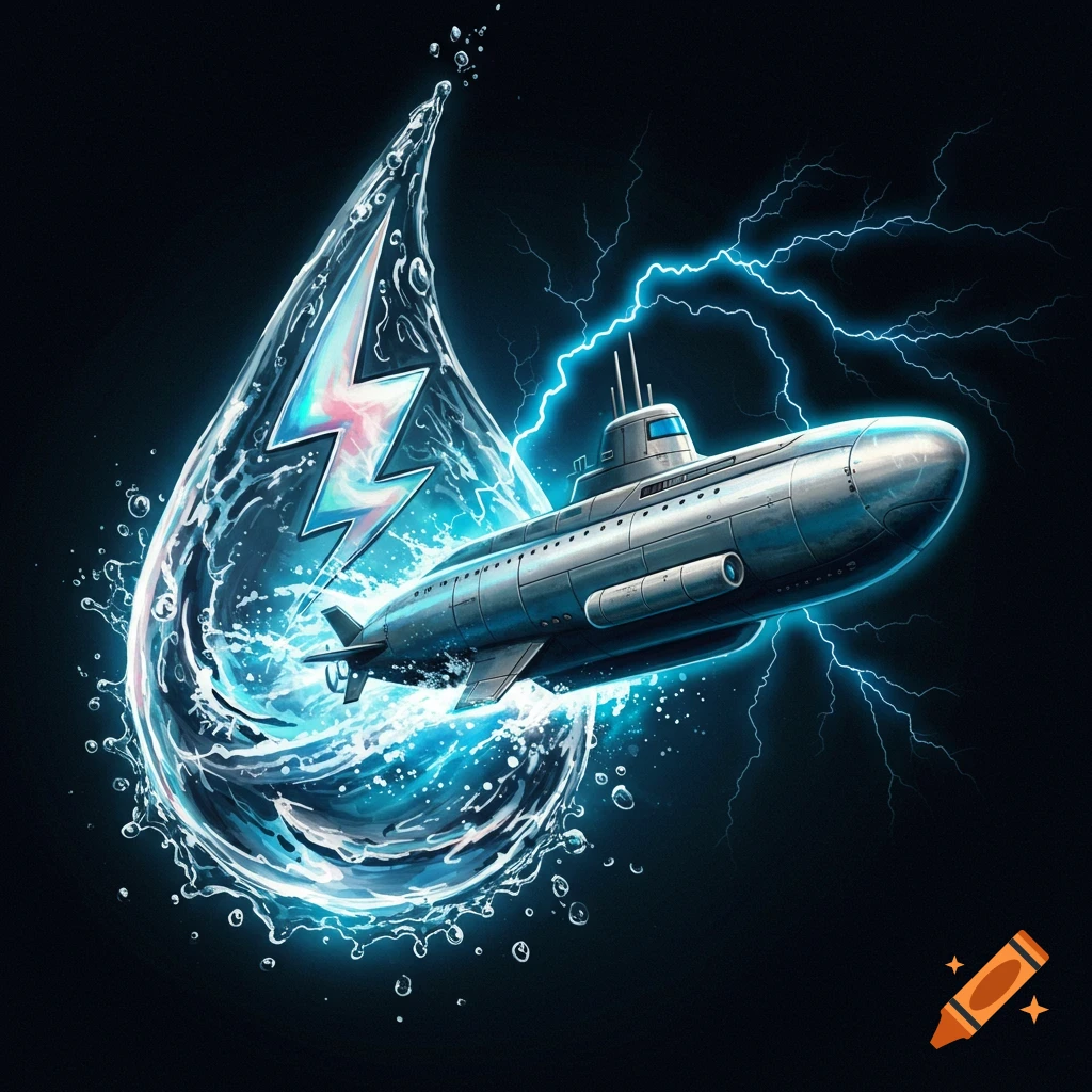 A submarine bursts through a water drop containing a lightning bolt symbol, with lightning in the background.