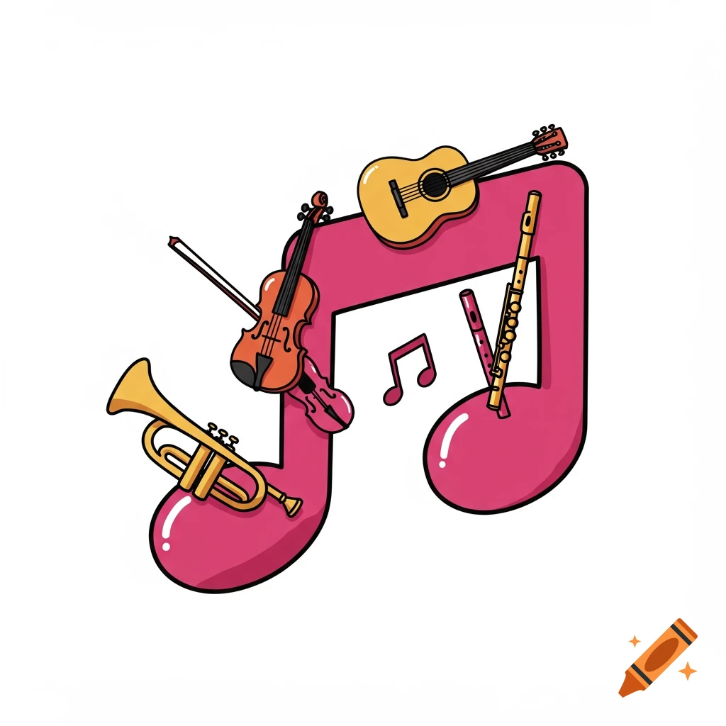 Stylized illustration of a large pink music note with various musical instruments including a trumpet, violin, guitar, and flute.