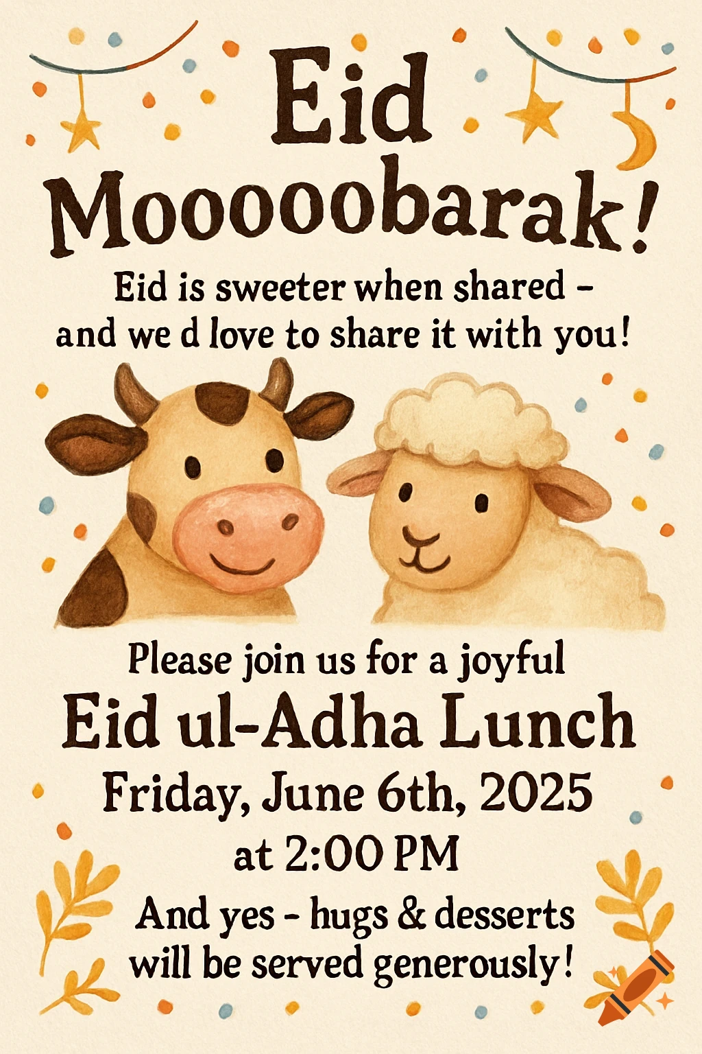 Watercolor illustration of an Eid invitation card featuring a cow, sheep, festive stars, and text about an Eid ul-Adha lunch.
